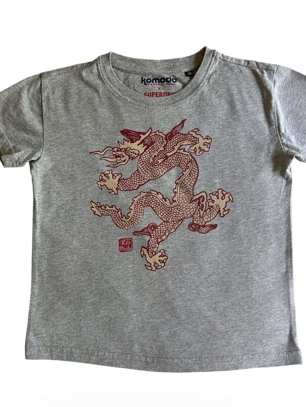 Superdry Gray Tee with Red & Cream Dragon Graphic